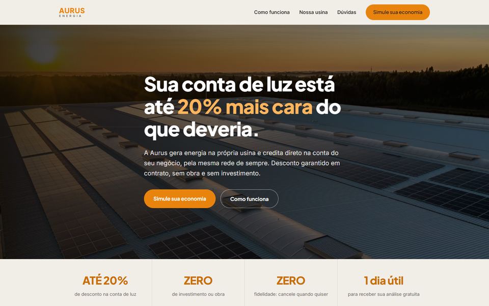 Topo da página de Aurus Energia, feita pela VEXO