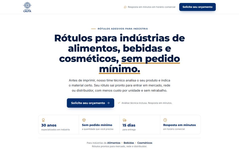 Topo da página de Gráfica Cautá, feita pela VEXO