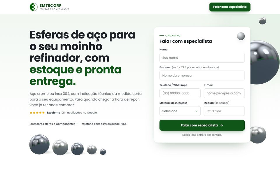 Topo da página de Emtecorp, feita pela VEXO