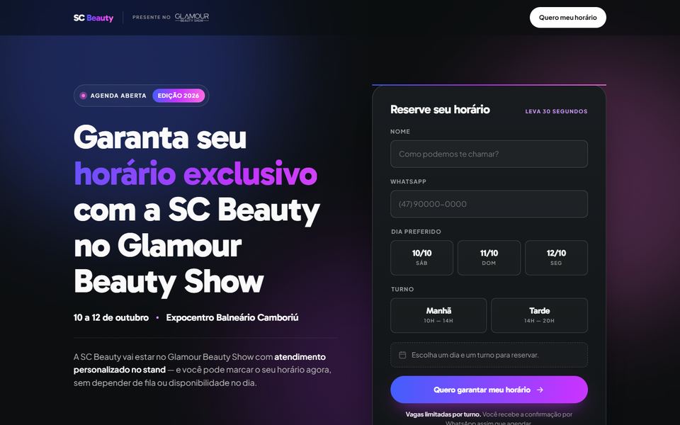 Topo da página de SC Beauty, feita pela VEXO